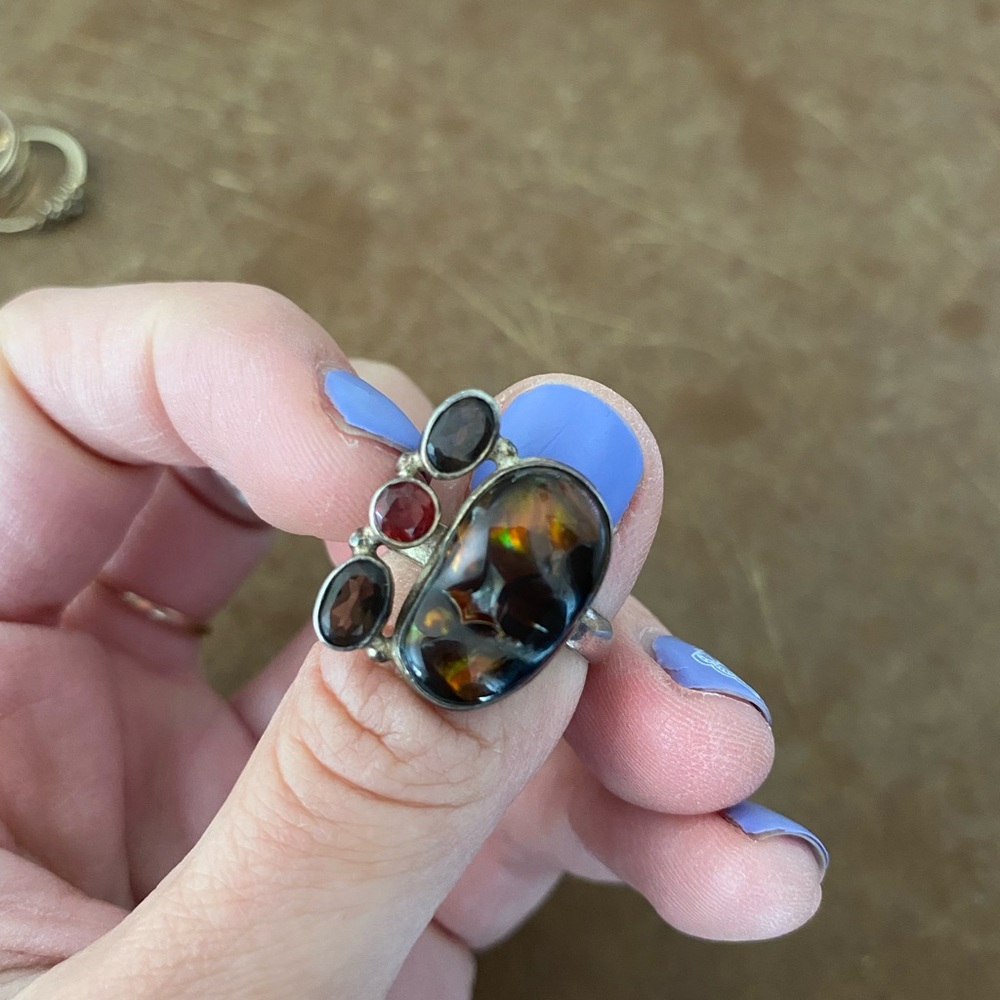 Real High Quality Fire Agate Garnet Smoky Quartz 925 Silver Ring Size 7